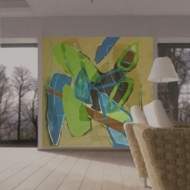 Wandbilder, Wandmalerei in einem Wohnzimmer, malerische Elemente in grn + blau