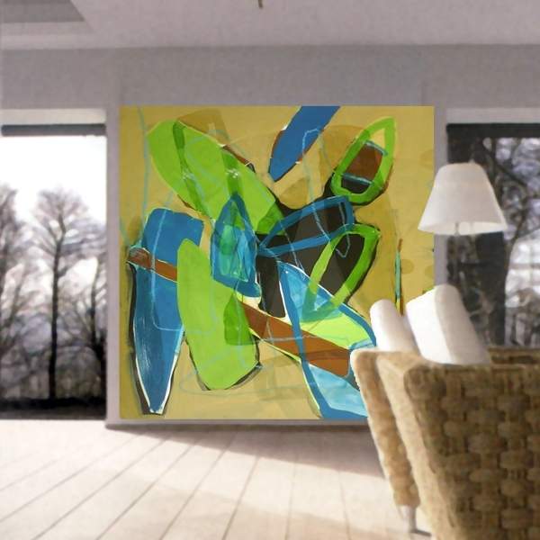 Wandgestaltung, Wandmalerei in einem Wohnzimmer, malerische Elemente in grün + blau